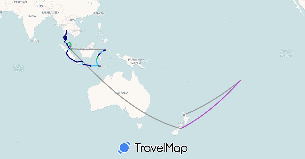TravelMap itinerary: driving, bus, plane, train, boat, motorbike in Indonesia, Malaysia, New Zealand, French Polynesia, Singapore, Thailand (Asia, Oceania)